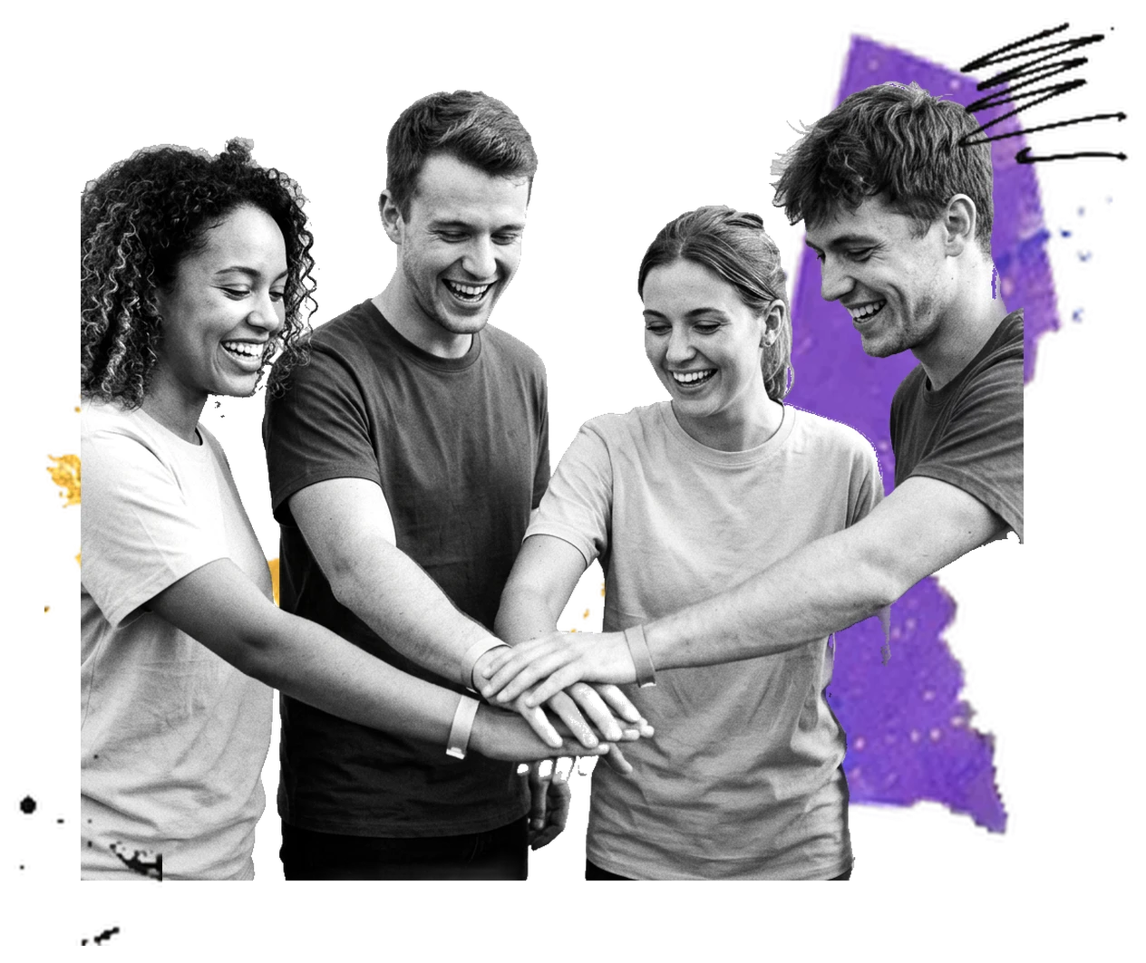 Four people put their hands together over purple paint