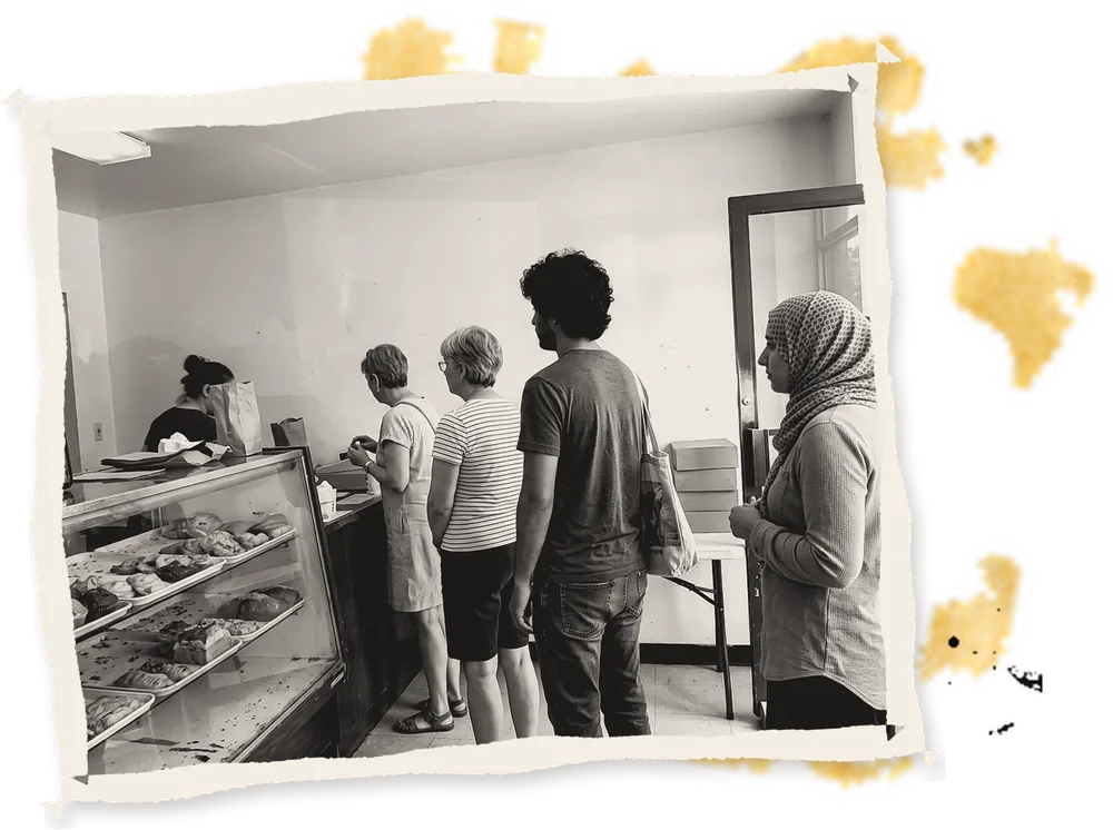 A queue at a neighbourhood bakery counter
