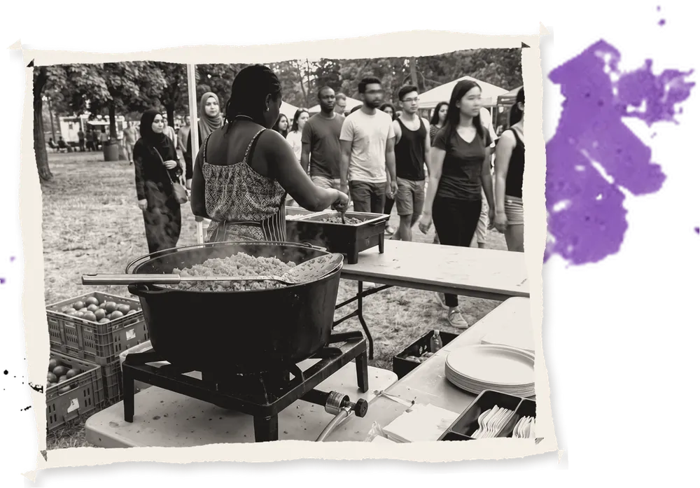 A big pot of jollof rice over a burner outdoors
